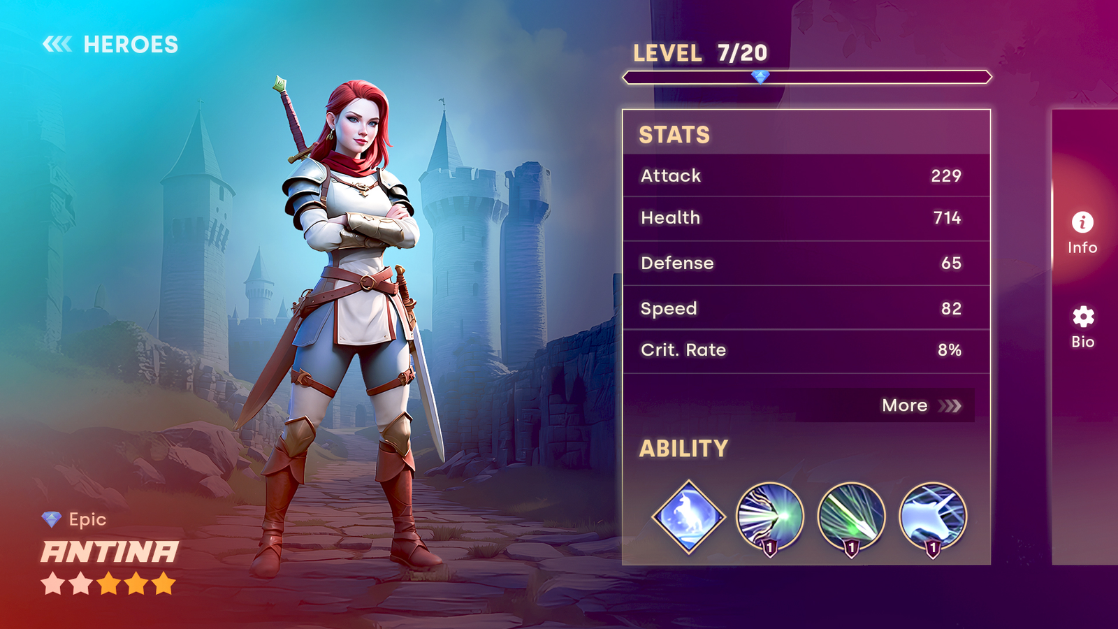Epic hero character Antina with level and stats panel showing attack, health, defense, speed and abilities