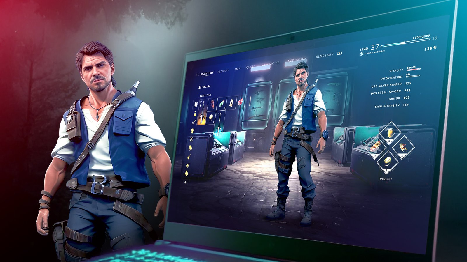 Game character standing beside an inventory and stats screen showing level, vitality, and equipment